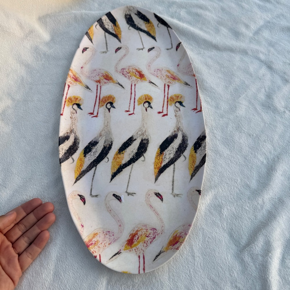Crate & Barrel Keko Platter 17.5in White Flamingo Crowned Crane Melamine Tray